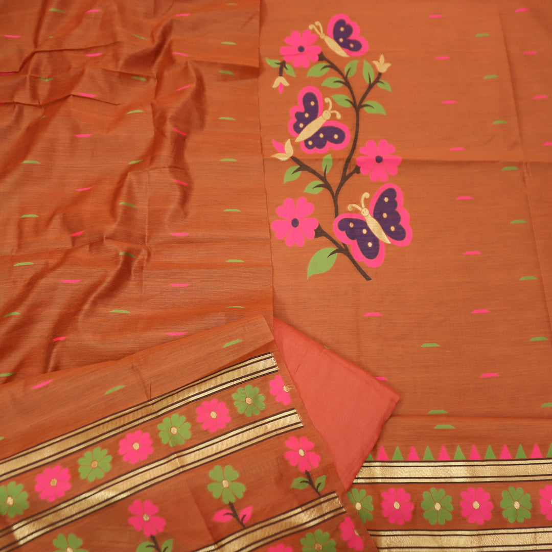 Ishika Rust Orange All Over Authentic and Floral Jamdani Weaved Hem Chanderi Set