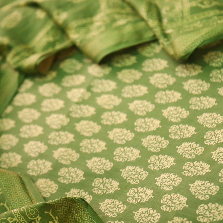 Ruhani Basil Green Printed with Mangalgiri Hem Jam Cotton Top Suit Set D4