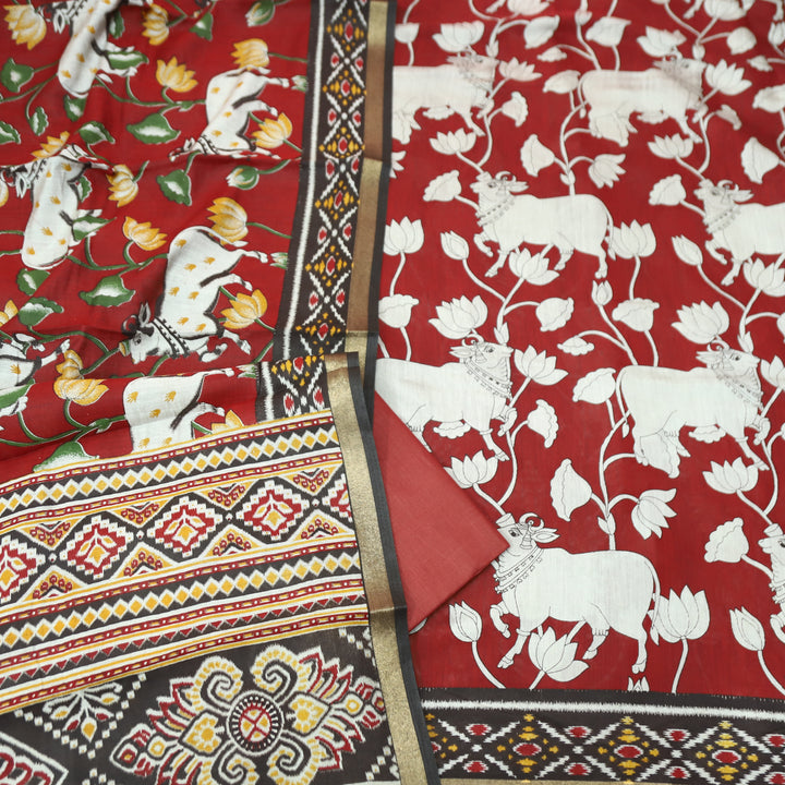 Saatvi Cherry Red Pichwai Print with Ikkat Print Hem Viscose Maheshwari Set