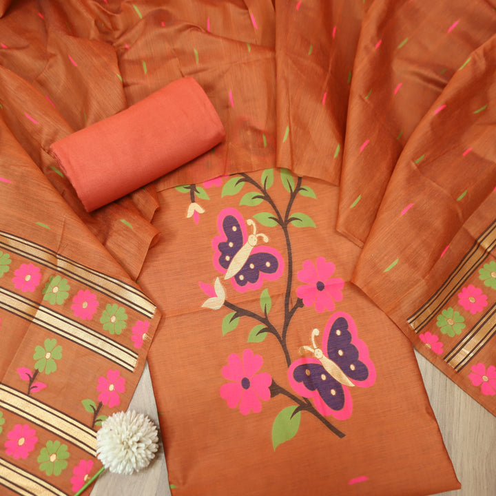 Ishika Rust Orange All Over Authentic and Floral Jamdani Weaved Hem Chanderi Set