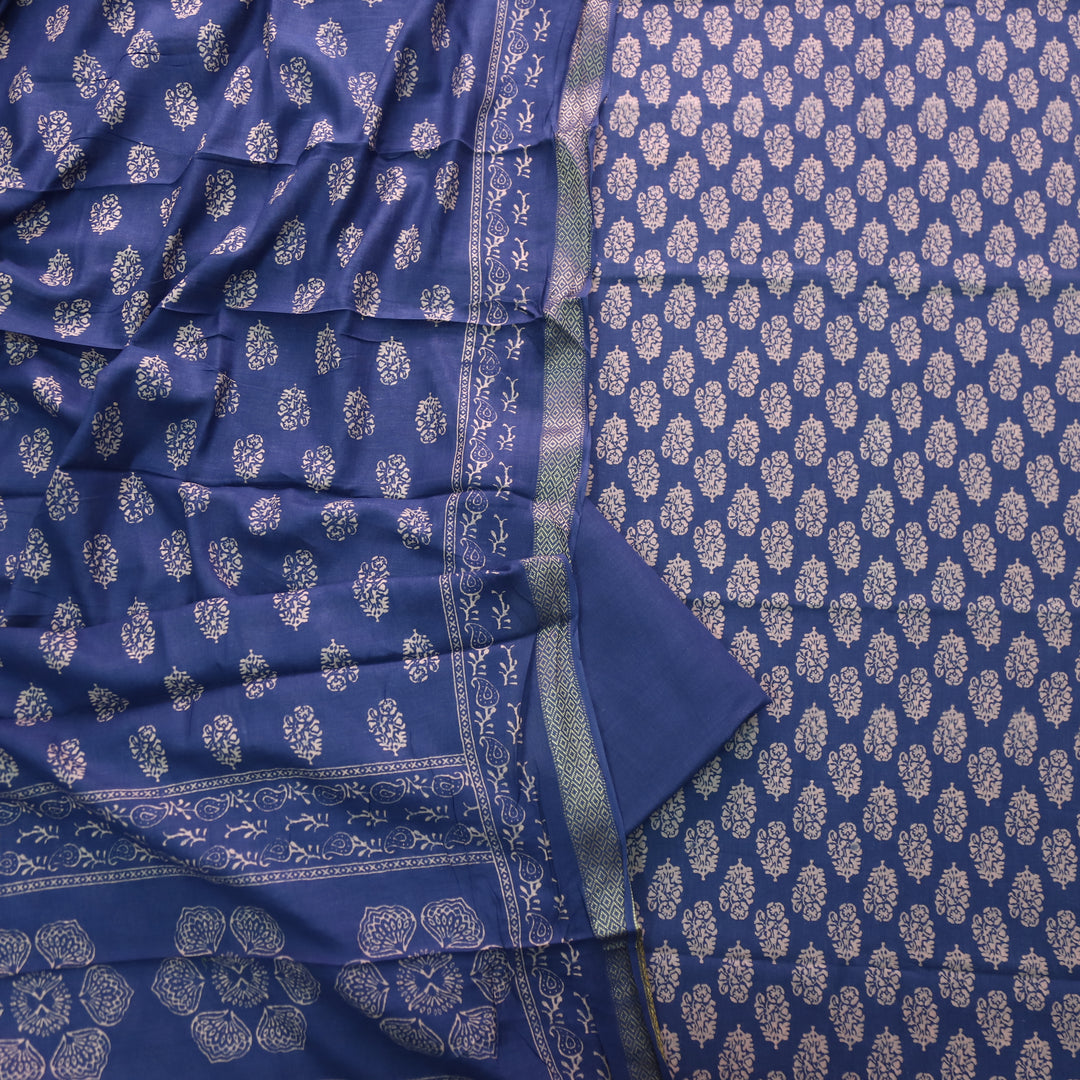 Ruhani Berry Blue Printed with Mangalgiri Hem Jam Cotton Top Suit Set D4