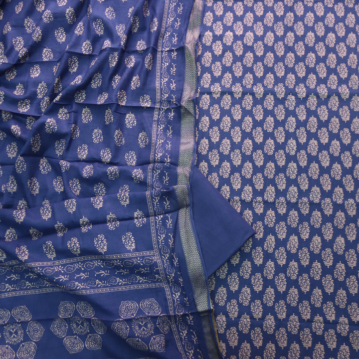 Ruhani Berry Blue Printed with Mangalgiri Hem Jam Cotton Top Suit Set D4