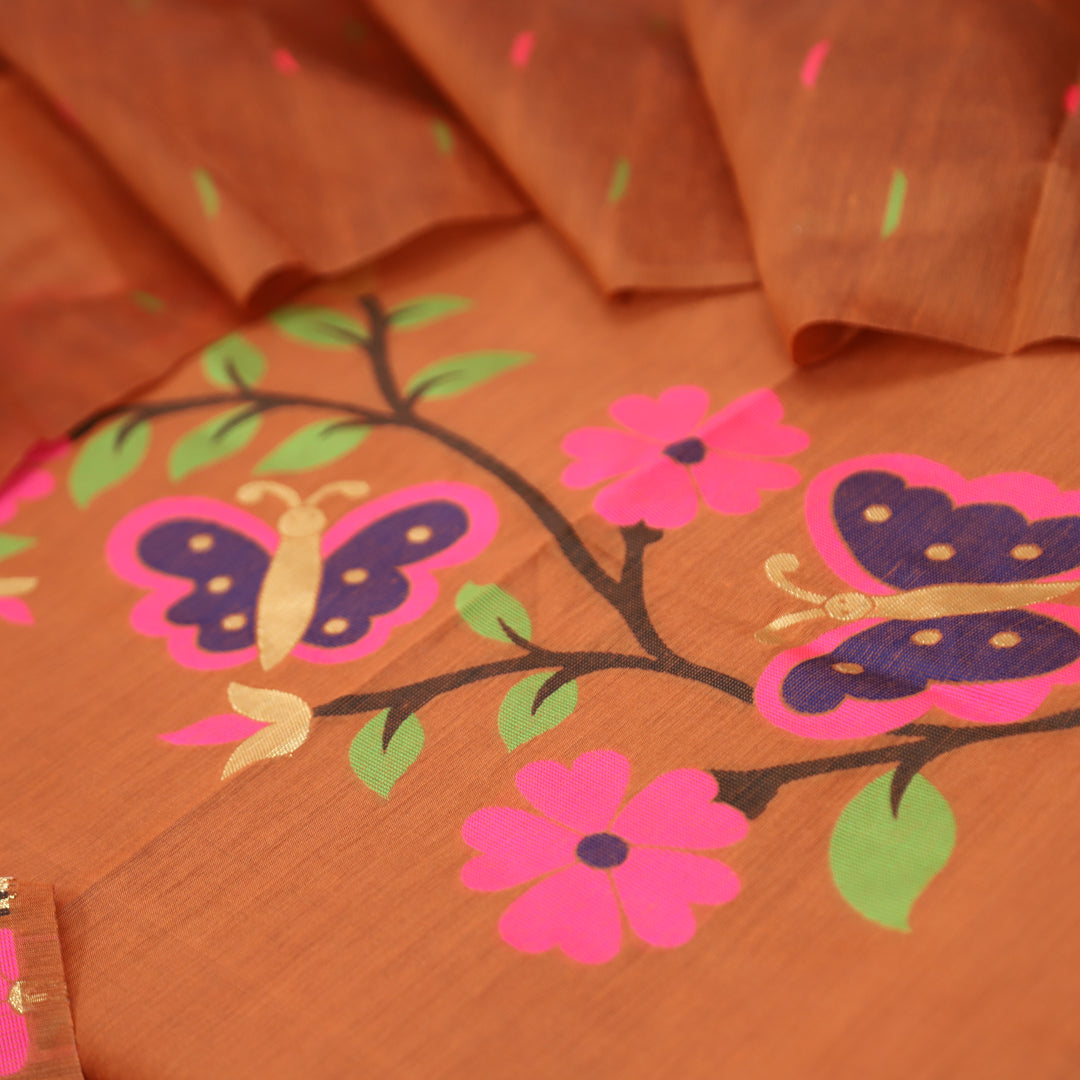 Ishika Rust Orange All Over Authentic and Floral Jamdani Weaved Hem Chanderi Set