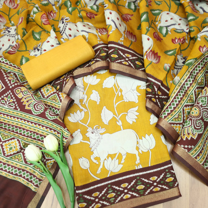 Saatvi Corn Yellow Pichwai Print with Ikkat Print Hem Viscose Maheshwari Set