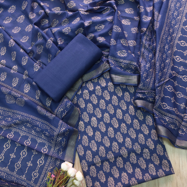 Ruhani Berry Blue Printed with Mangalgiri Hem Jam Cotton Top Suit Set D4