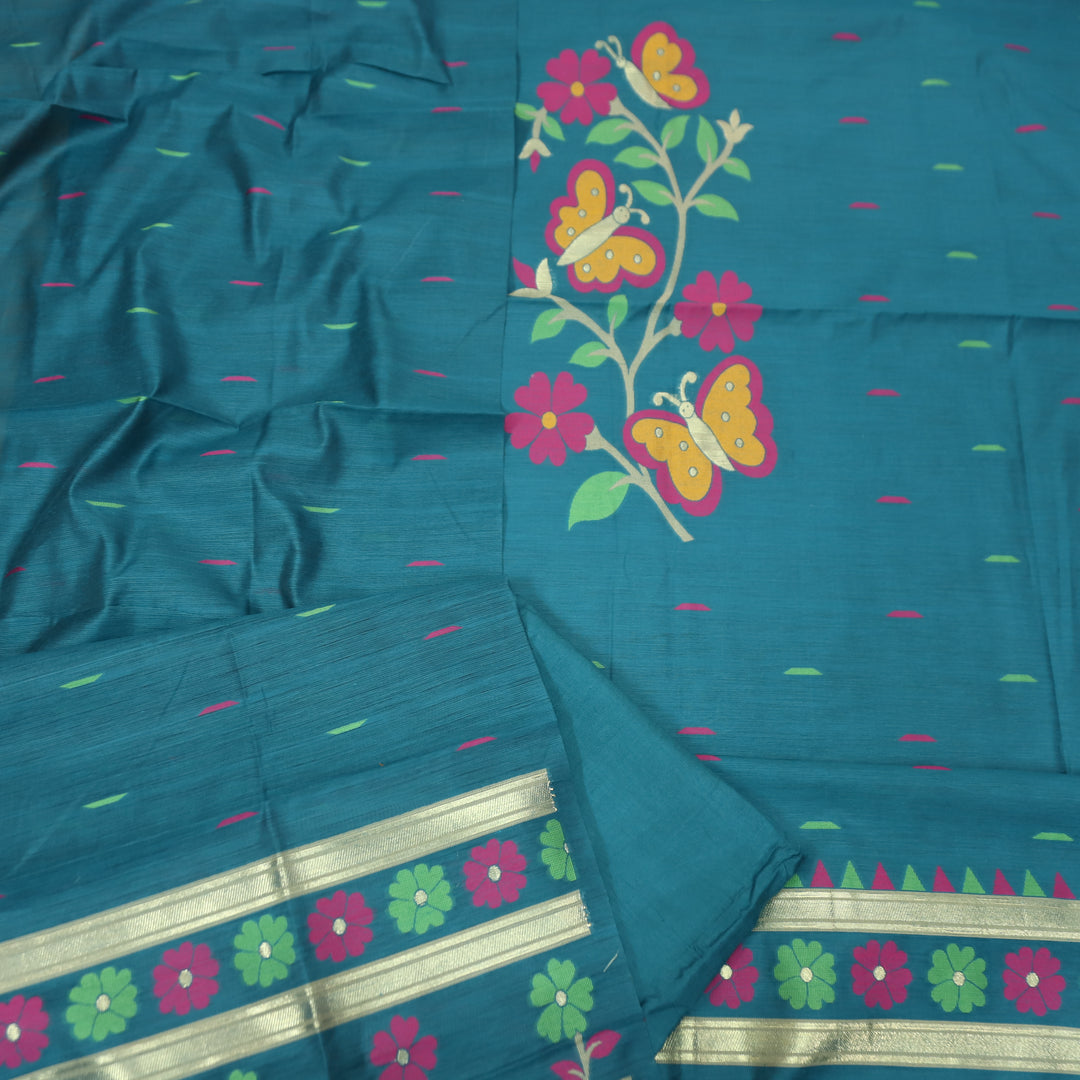 Ishika Cerulean Teal All Over Authentic and Floral Jamdani Weaved Hem Chanderi Set