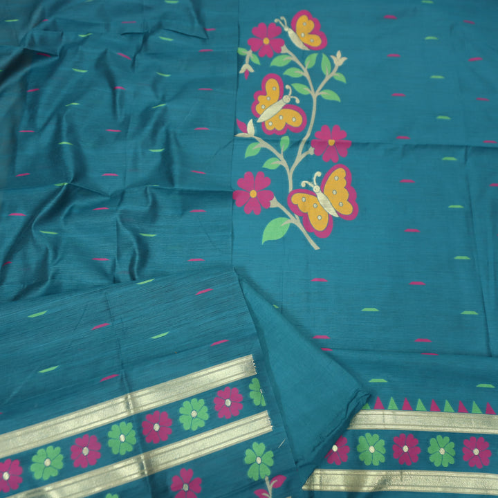 Ishika Cerulean Teal All Over Authentic and Floral Jamdani Weaved Hem Chanderi Set