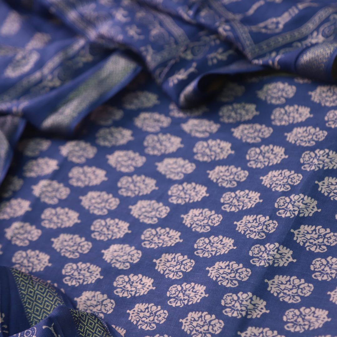 Ruhani Berry Blue Printed with Mangalgiri Hem Jam Cotton Top Suit Set D4