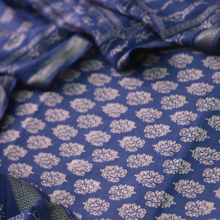 Ruhani Berry Blue Printed with Mangalgiri Hem Jam Cotton Top Suit Set D4