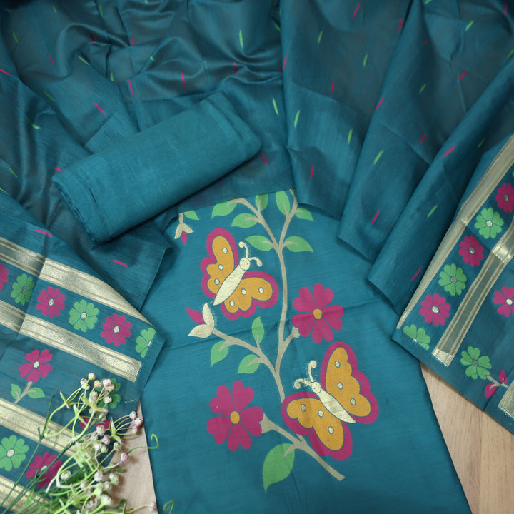 Ishika Cerulean Teal All Over Authentic and Floral Jamdani Weaved Hem Chanderi Set