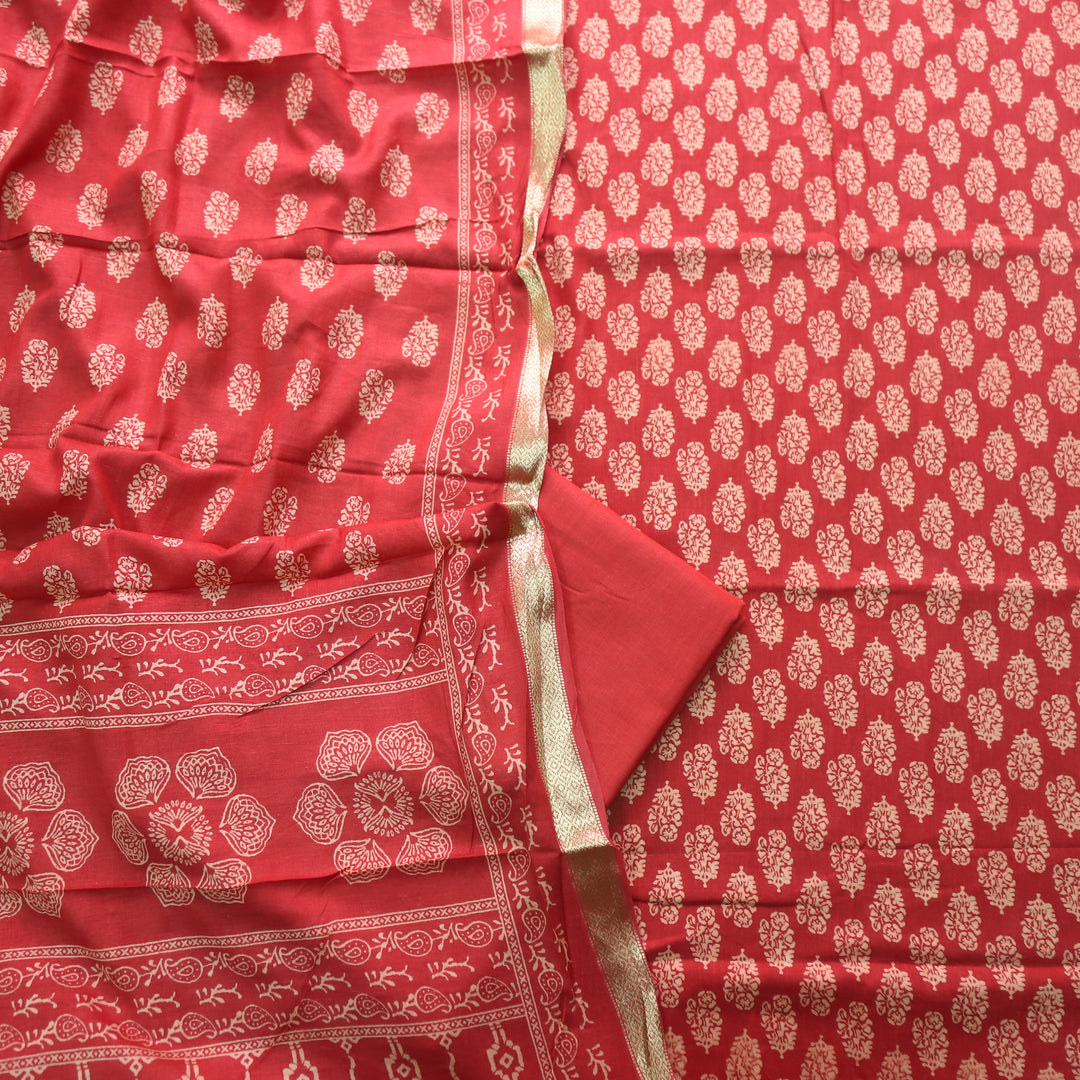 Ruhani Blood Red Printed with Mangalgiri Hem Jam Cotton Top Suit Set D4