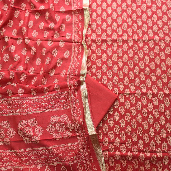 Ruhani Blood Red Printed with Mangalgiri Hem Jam Cotton Top Suit Set D4