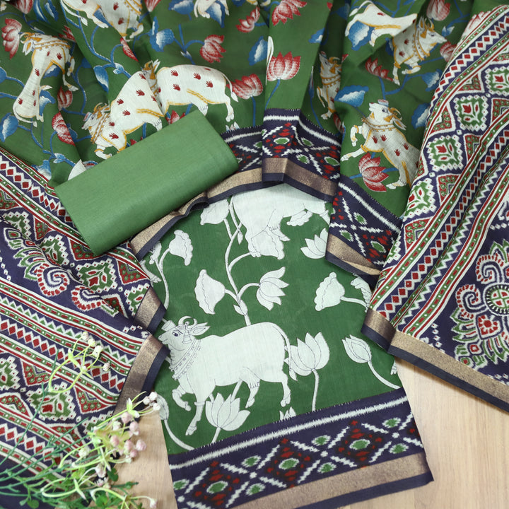 Saatvi Pine Green Pichwai Print with Ikkat Print Hem Viscose Maheshwari Set