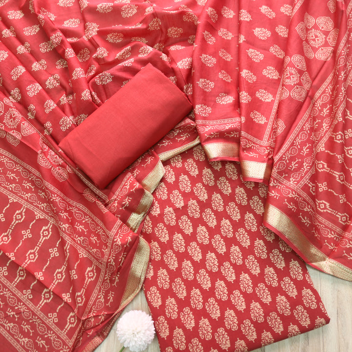 Ruhani Blood Red Printed with Mangalgiri Hem Jam Cotton Top Suit Set D4