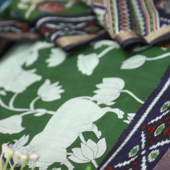 Saatvi Pine Green Pichwai Print with Ikkat Print Hem Viscose Maheshwari Set