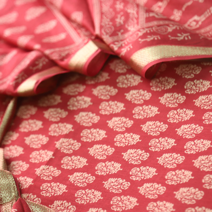 Ruhani Blood Red Printed with Mangalgiri Hem Jam Cotton Top Suit Set D4