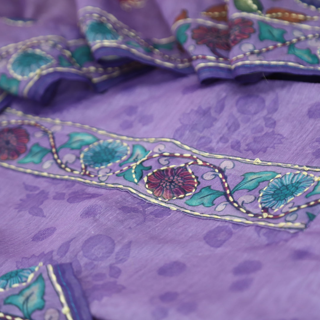 Santoshi Orchid Lilac Self Printed in Kantha Embroidery Neck Work Chanderi Set