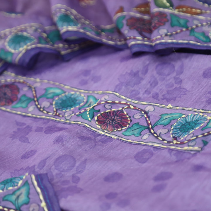 Santoshi Orchid Lilac Self Printed in Kantha Embroidery Neck Work Chanderi Set
