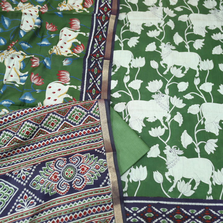 Saatvi Pine Green Pichwai Print with Ikkat Print Hem Viscose Maheshwari Set