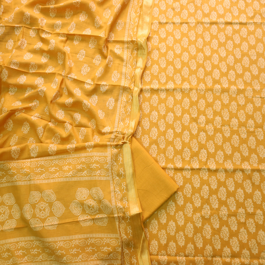 Ruhani Honey Yellow Printed with Mangalgiri Hem Jam Cotton Top Suit Set D4