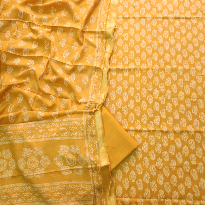 Ruhani Honey Yellow Printed with Mangalgiri Hem Jam Cotton Top Suit Set D4