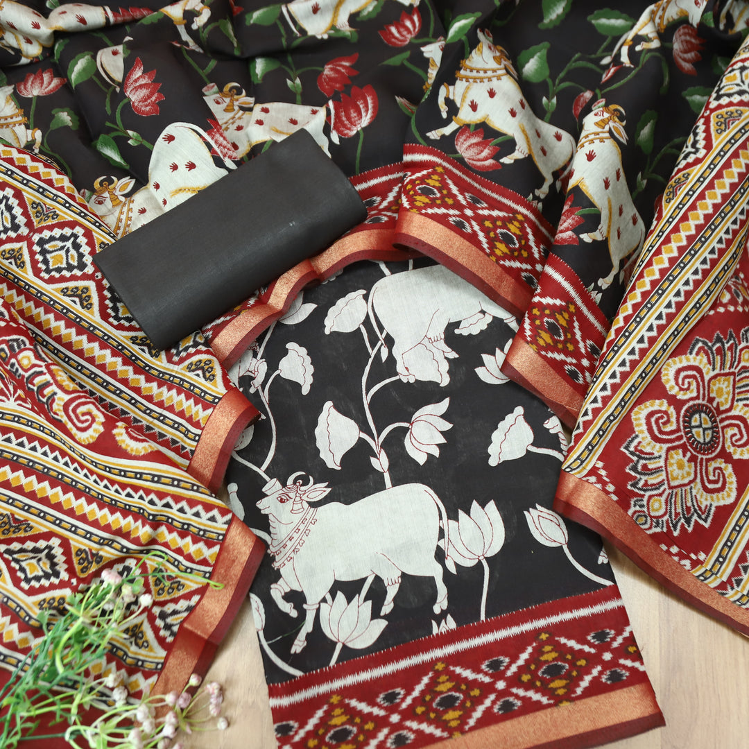 Saatvi Ebony Black Pichwai Print with Ikkat Print Hem Viscose Maheshwari Set