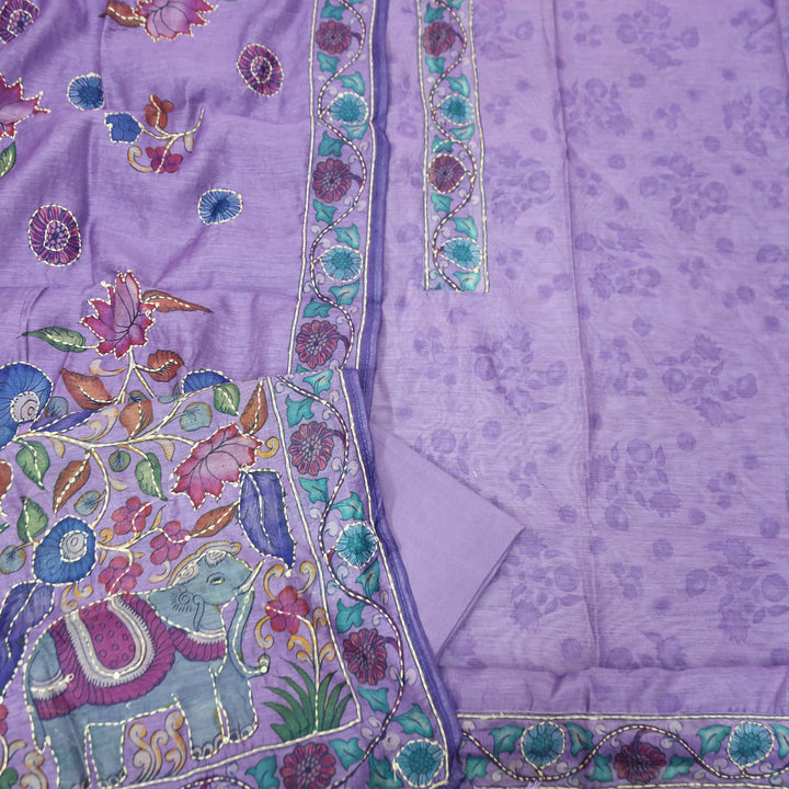 Santoshi Orchid Lilac Self Printed in Kantha Embroidery Neck Work Chanderi Set