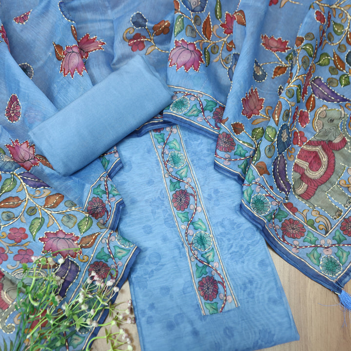 Santoshi Aasmani Blue Self Printed in Kantha Embroidery Neck Work Chanderi Set