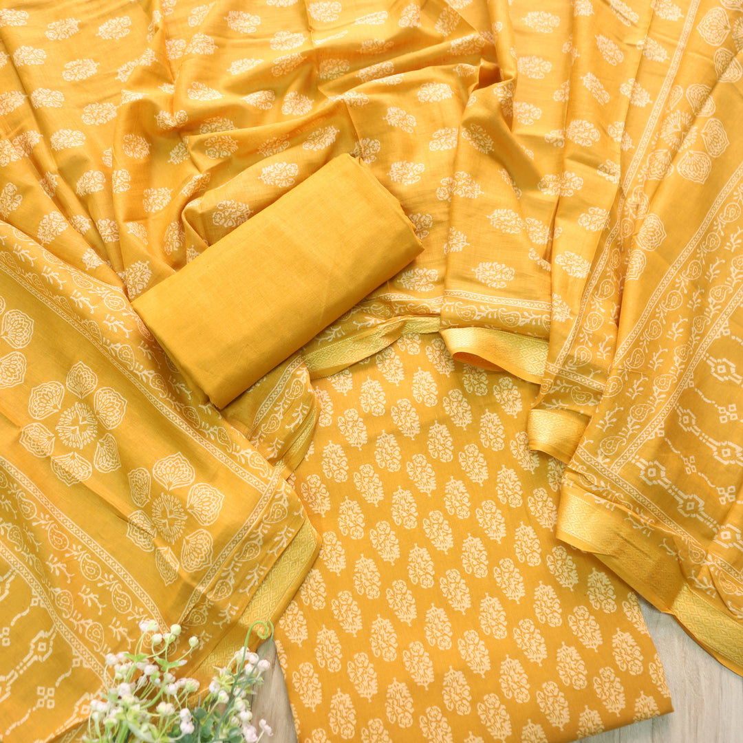 Ruhani Honey Yellow Printed with Mangalgiri Hem Jam Cotton Top Suit Set D4