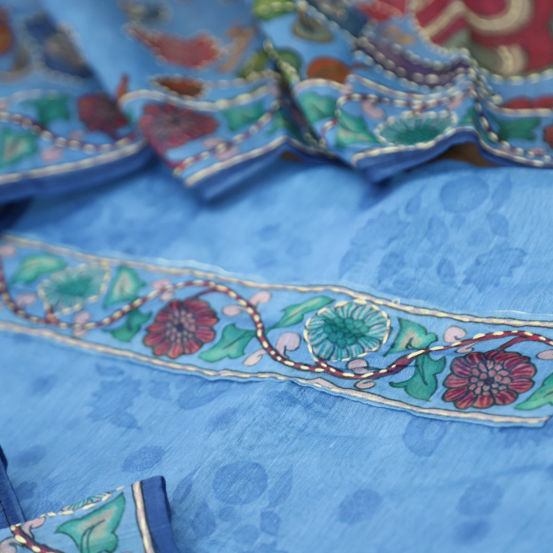 Santoshi Aasmani Blue Self Printed in Kantha Embroidery Neck Work Chanderi Set