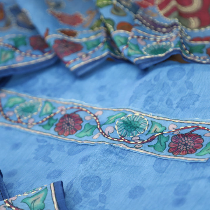 Santoshi Aasmani Blue Self Printed in Kantha Embroidery Neck Work Chanderi Set