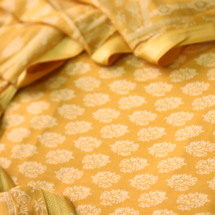 Ruhani Honey Yellow Printed with Mangalgiri Hem Jam Cotton Top Suit Set D4