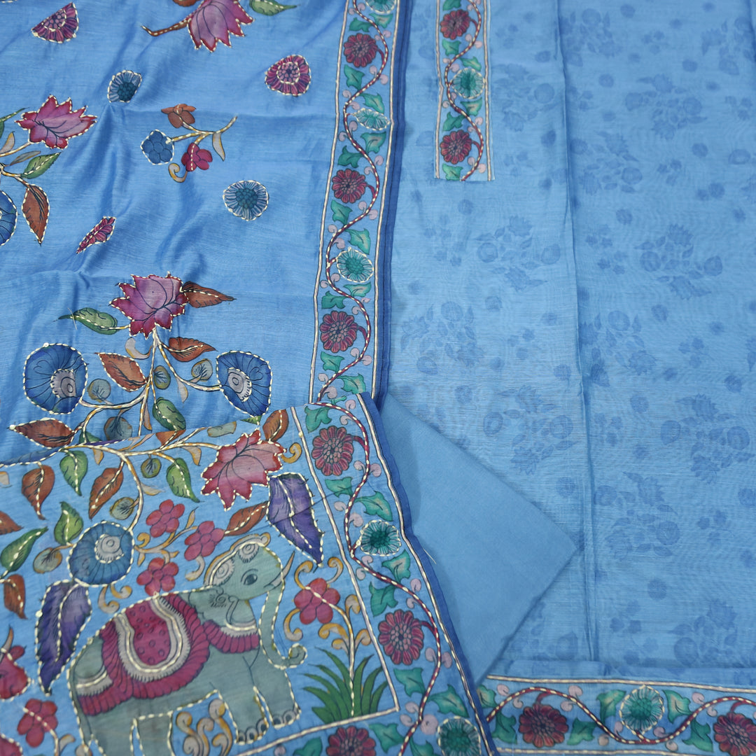 Santoshi Aasmani Blue Self Printed in Kantha Embroidery Neck Work Chanderi Set