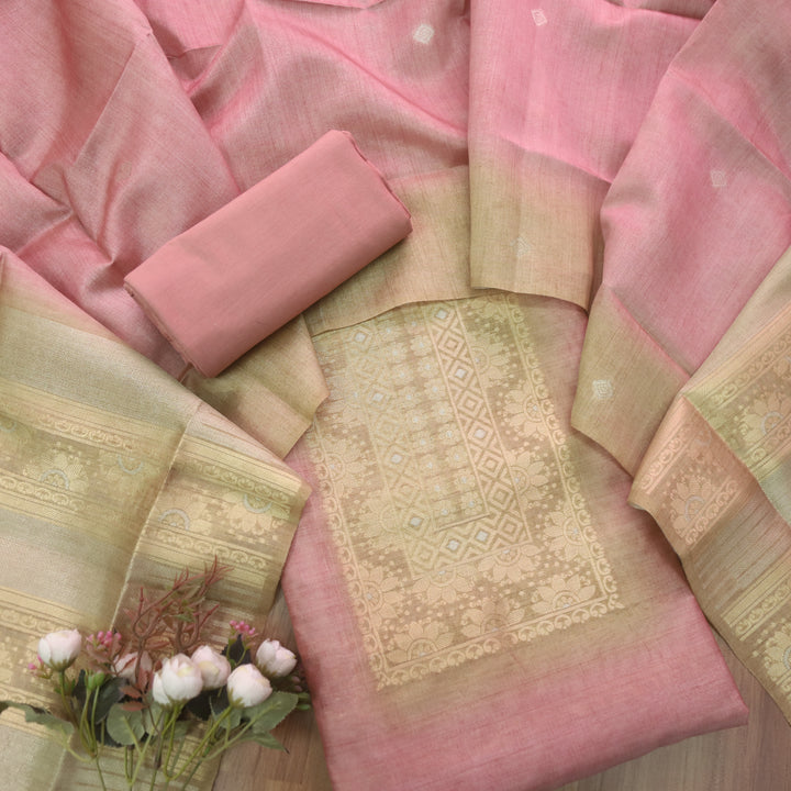 Paaki Flamingo Pink All Over Zari Weaved Work Chanderi Suit Set