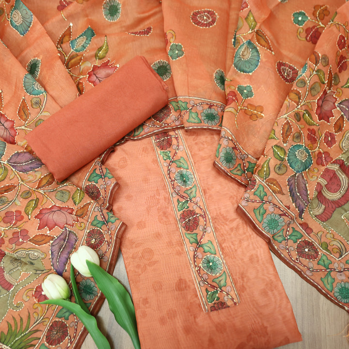 Santoshi Pumpkin Peach Self Printed in Kantha Embroidery Neck Work Chanderi Set