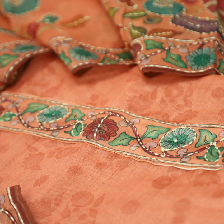 Santoshi Pumpkin Peach Self Printed in Kantha Embroidery Neck Work Chanderi Set