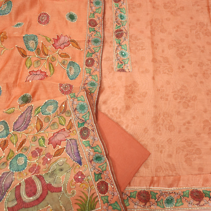 Santoshi Pumpkin Peach Self Printed in Kantha Embroidery Neck Work Chanderi Set