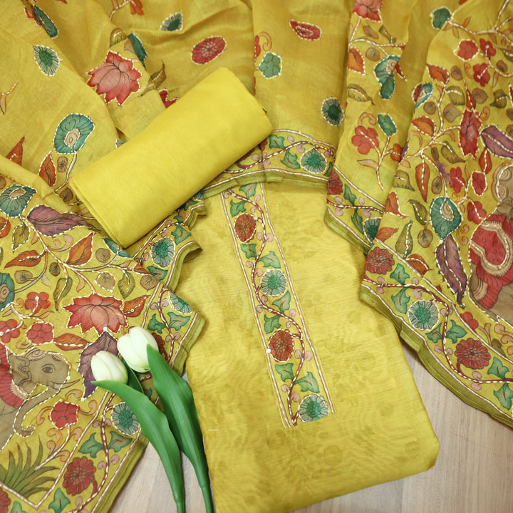 Santoshi Amber Yellow Self Printed in Kantha Embroidery Neck Work Chanderi Set