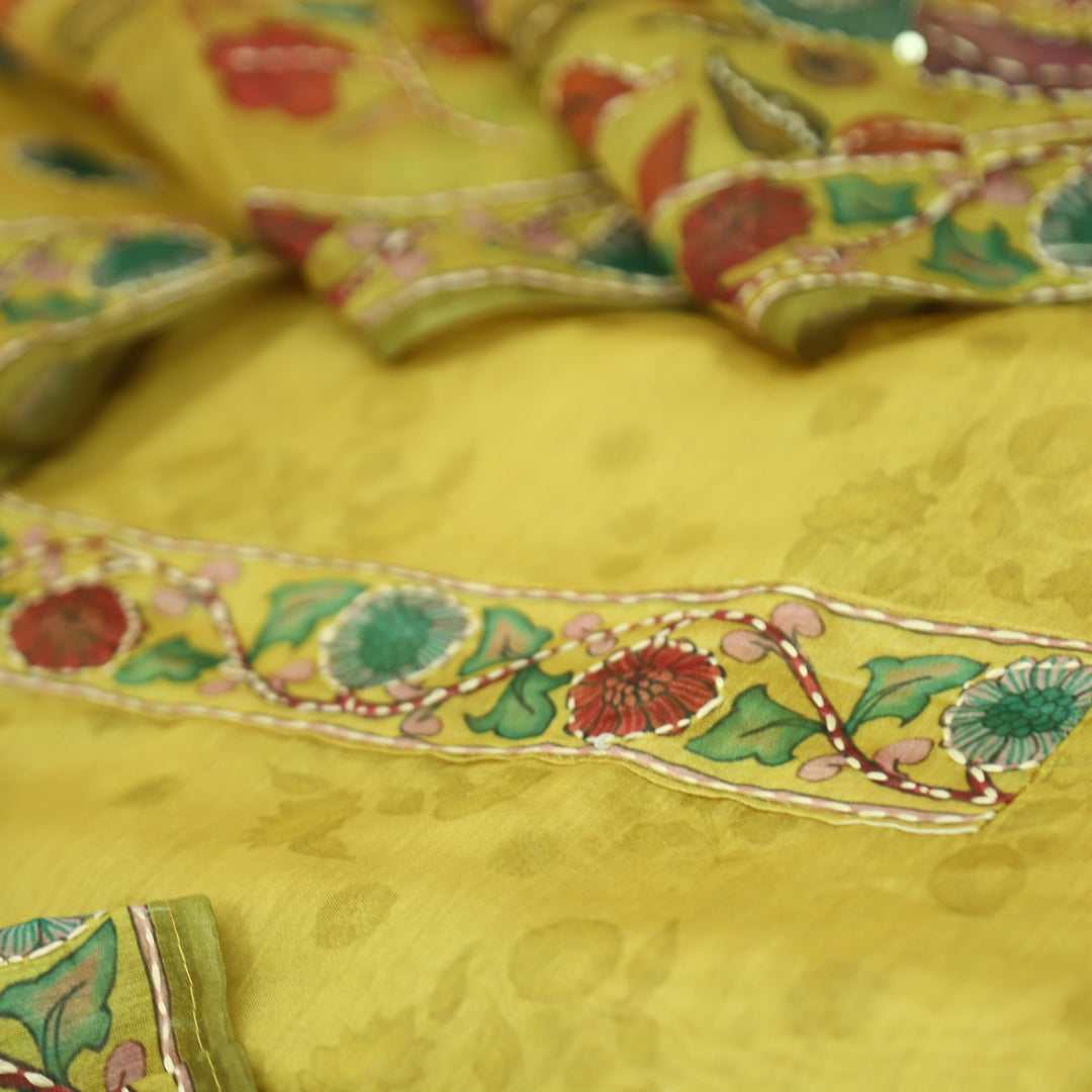 Santoshi Amber Yellow Self Printed in Kantha Embroidery Neck Work Chanderi Set