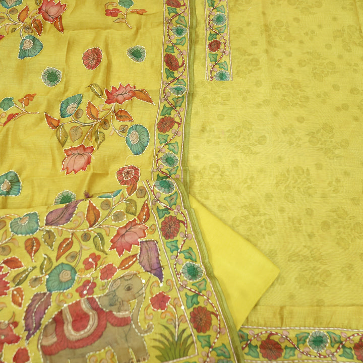 Santoshi Amber Yellow Self Printed in Kantha Embroidery Neck Work Chanderi Set