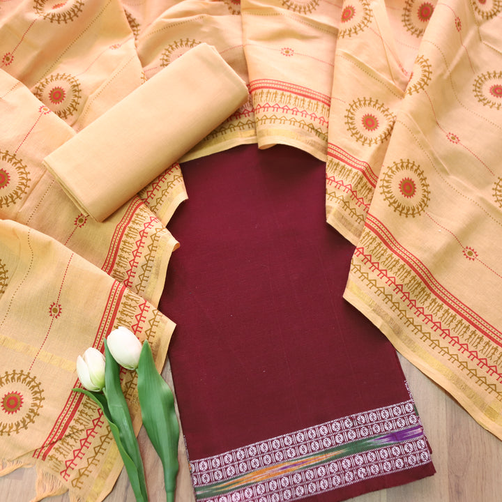 Subhranti Maroon Red Mangalgiri Hem Top with Warli Printed South Cotton Set