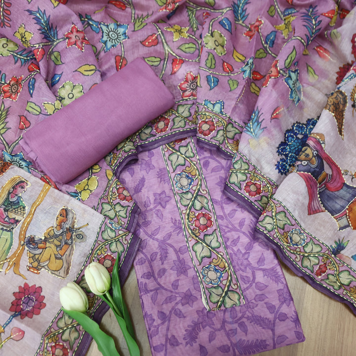 Shreya Lavish Lavender Self Floral Printed in Kantha Embroidery Work Chanderi Set