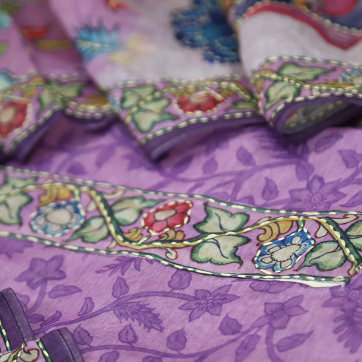 Shreya Lavish Lavender Self Floral Printed in Kantha Embroidery Work Chanderi Set