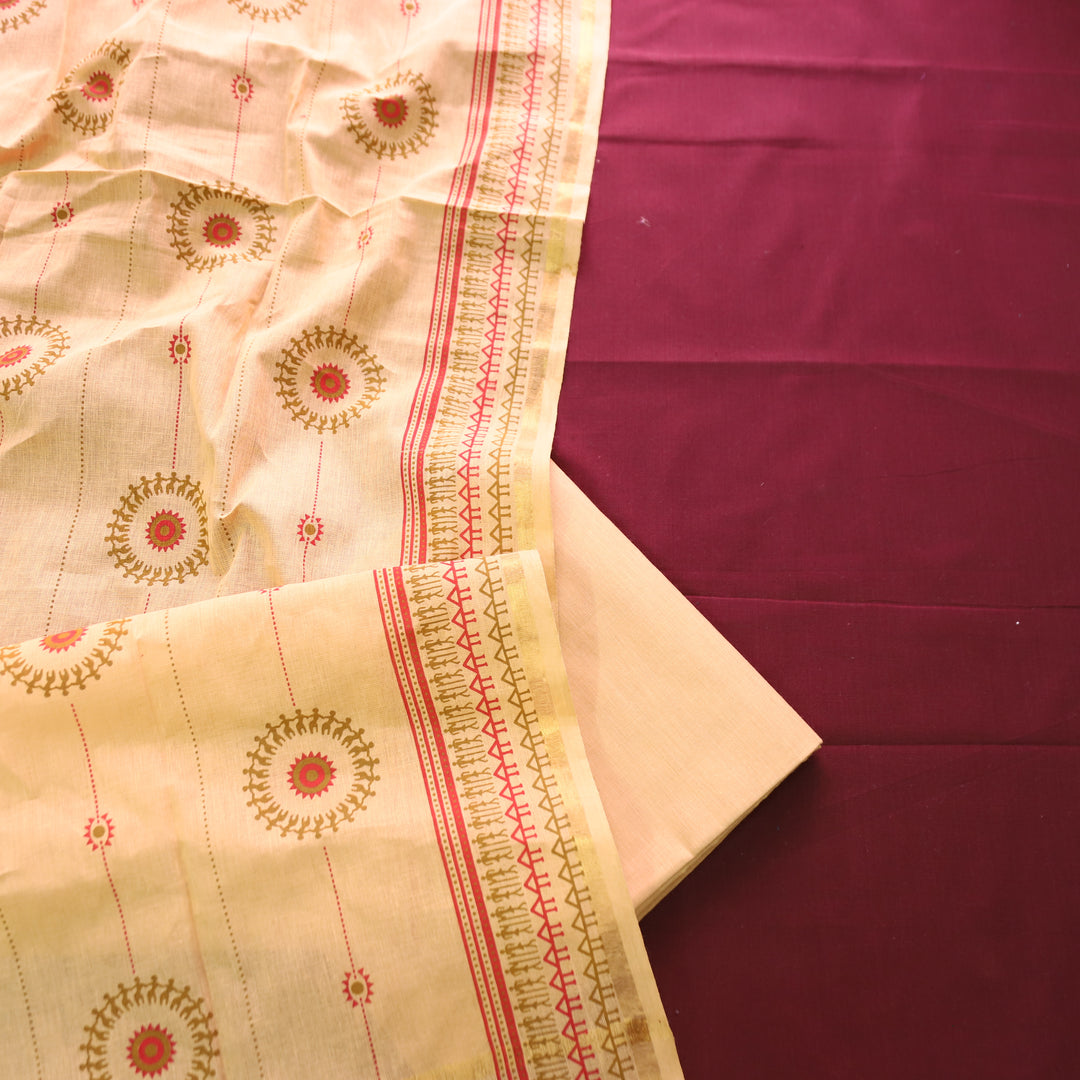 Subhranti Maroon Red Mangalgiri Hem Top with Warli Printed South Cotton Set