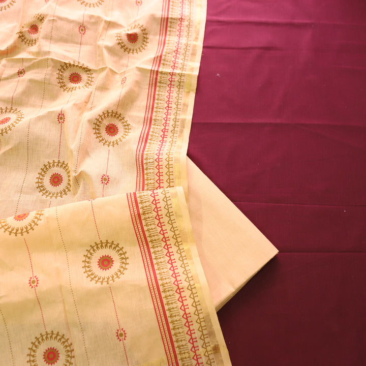 Subhranti Maroon Red Mangalgiri Hem Top with Warli Printed South Cotton Set