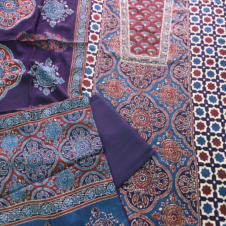 Newari Prussian Blue Patra Work in All Over Ajrak Printed Muslin Suit Set