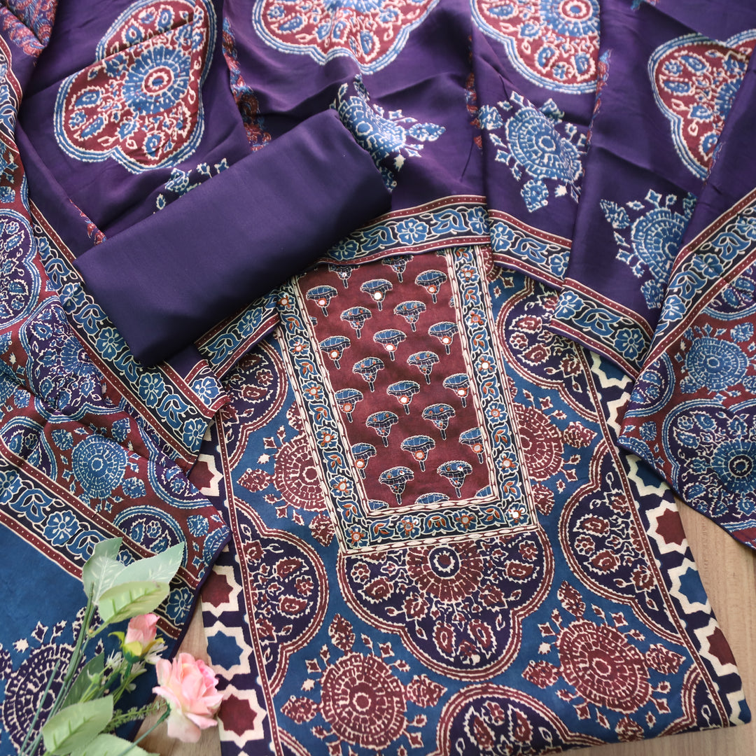 Newari Prussian Blue Patra Work in All Over Ajrak Printed Muslin Suit Set