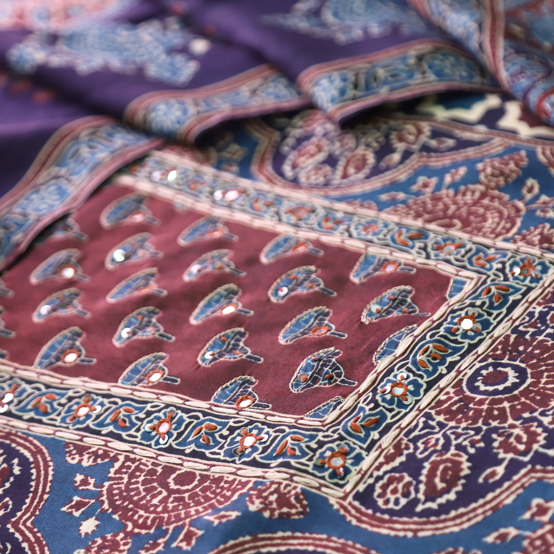 Newari Prussian Blue Patra Work in All Over Ajrak Printed Muslin Suit Set