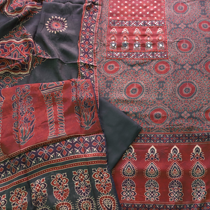 Newari Midnight Black Patra Work in All Over Ajrak Printed Muslin Suit Set