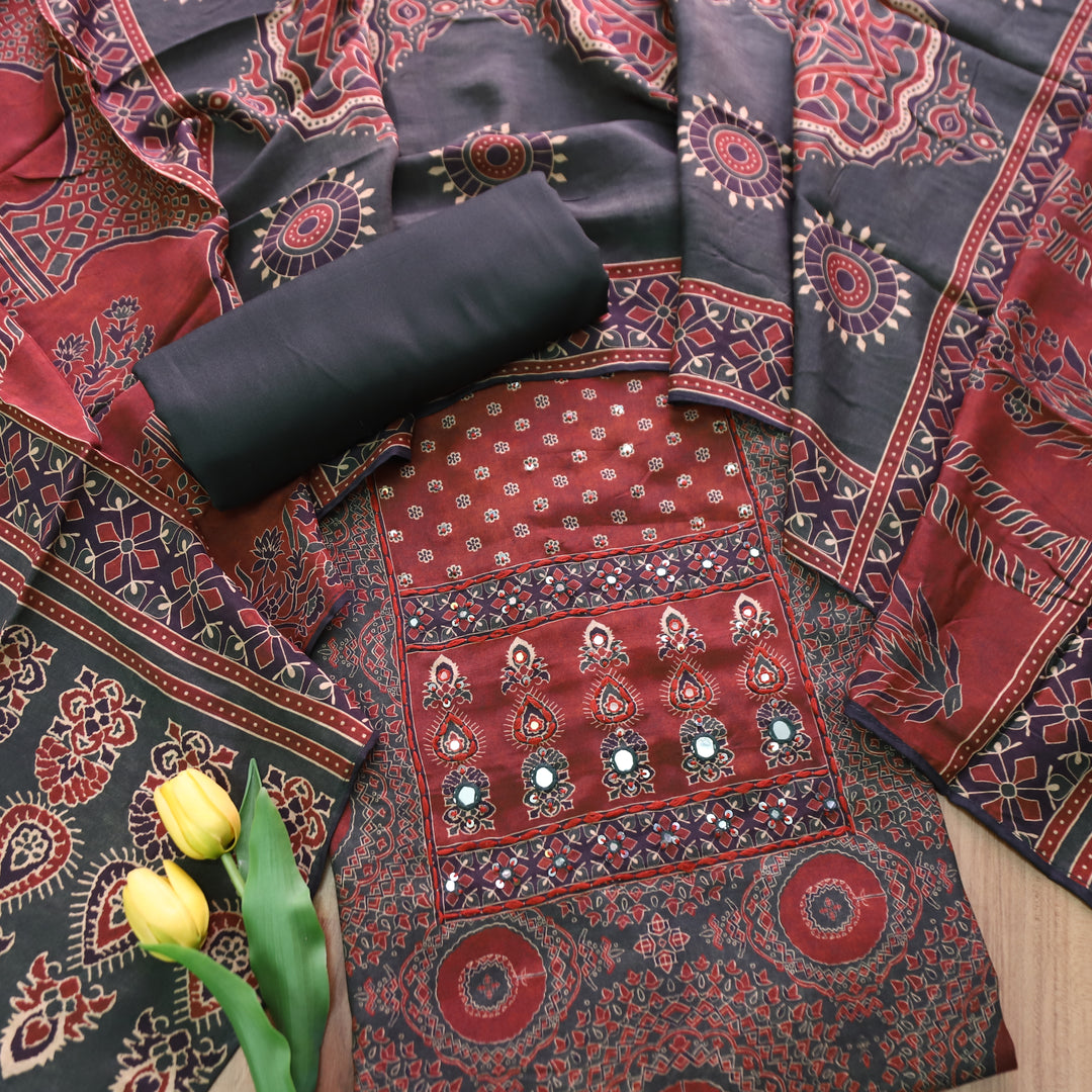 Newari Midnight Black Patra Work in All Over Ajrak Printed Muslin Suit Set